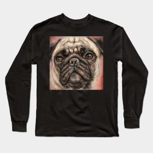 Close Up Painting of a Pug with its Gorgeous Orange Eyes and Expression on Red Background Long Sleeve T-Shirt